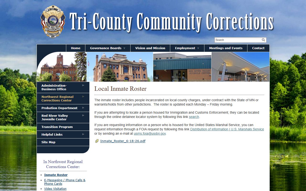 Red Lake County inmate population roster page at NWRCC