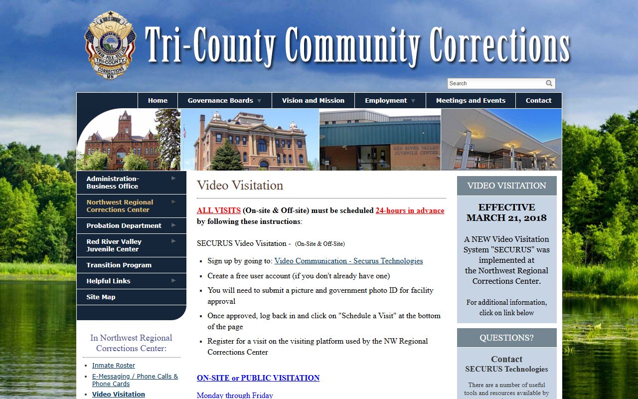 Northwest Regional Corrections Center visitation schedule for Red Lake County inmates
