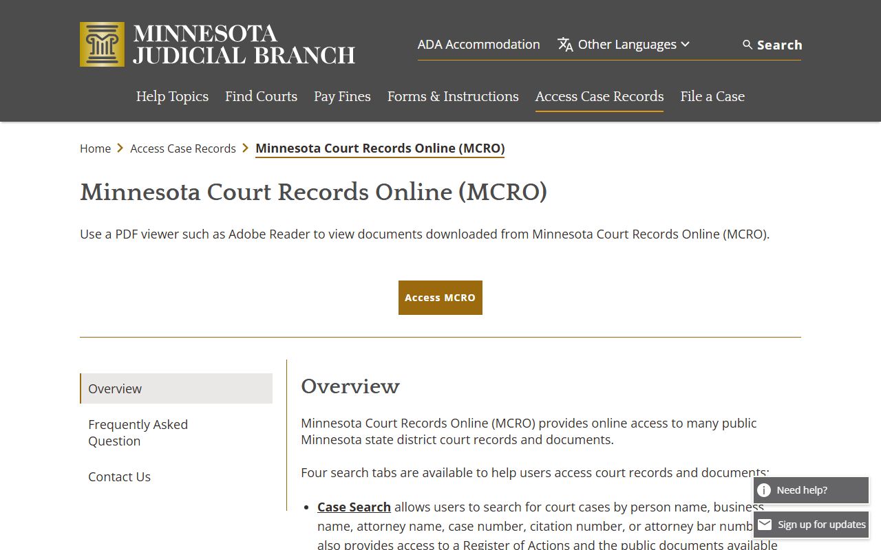 Minnesota Court Records Online overview with public search tabs